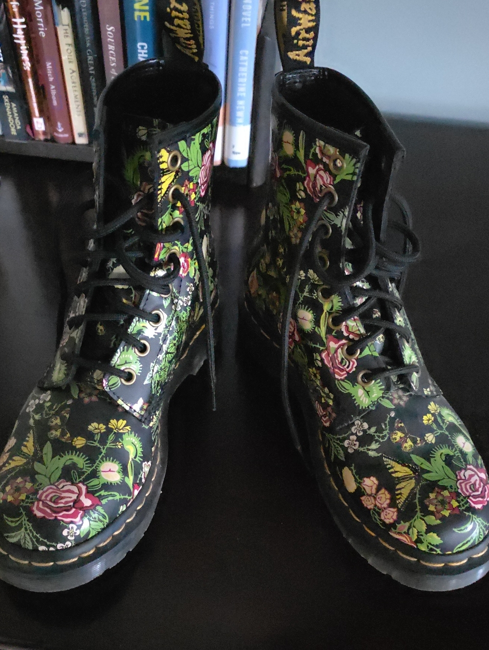 Dr. Martens Black Floral Lace-Up Combat Boots with Pink & Green Accents